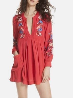 Free People Coral Red Mia Embroidered Mini Dress